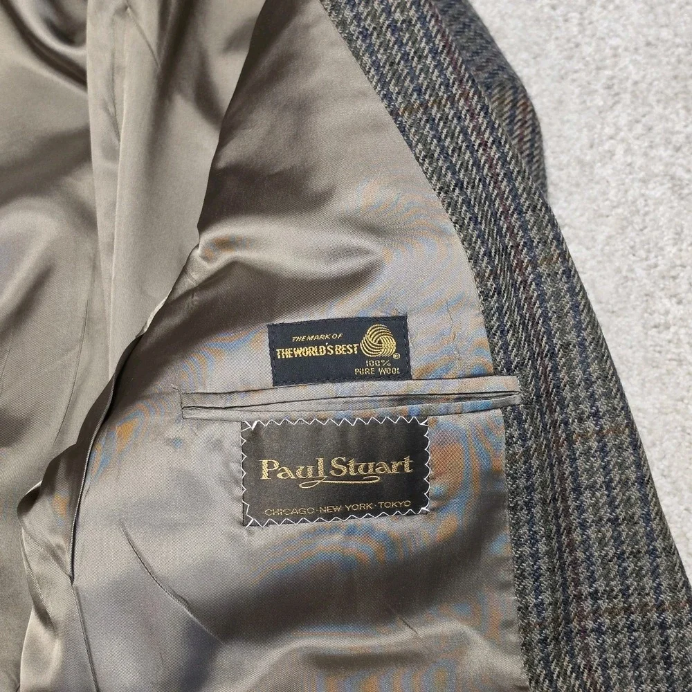 Paul Stuart Wool Tweed Sport Coat Blazer 46L Houndstooth Overcheck‎ USA Vintage